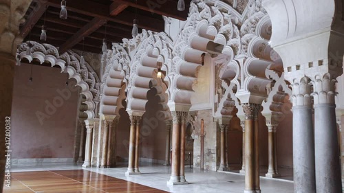 Moorish-Taifa halls in fortified medieval Aljaferia Palace in Zaragoza, Aragon, Spain photo
