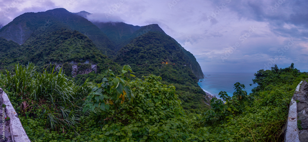 Panoramic view over the famous Qingshui Cliff in Taiwan with cloudy sky in summer