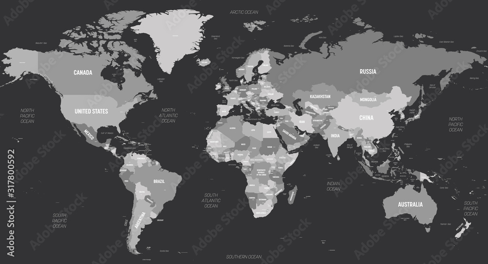 Naklejka premium World map - grey colored on dark background. High detailed political map of World with country, capital, ocean and sea names labeling