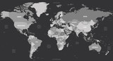 World map - grey colored on dark background. High detailed political map of World with country, capital, ocean and sea names labeling