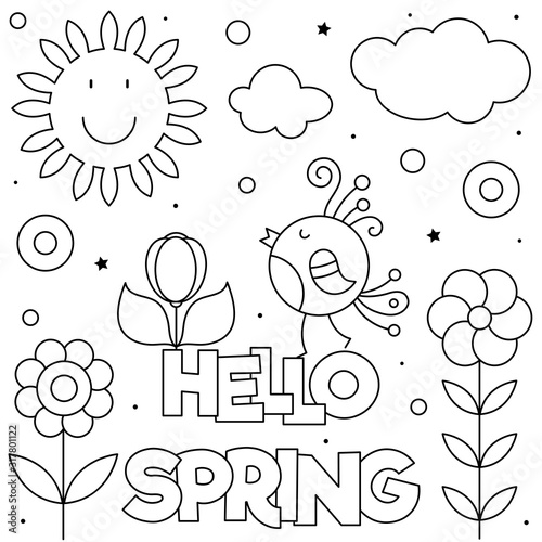 Hello Spring. Coloring page. Black and white vector illustration.