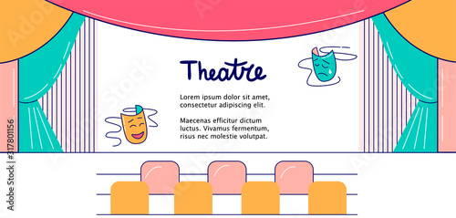 Vector  background for web with theater symbols, theatrical stage,  masks, curtains, lyre, piano,ballerina, opera singer,binoculars , hand drawn, doodle, feather, scroll, tickets. Template.