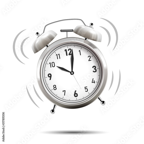 Realistic chrome alarm clock ringing, isolated on white background. Vector Illustration