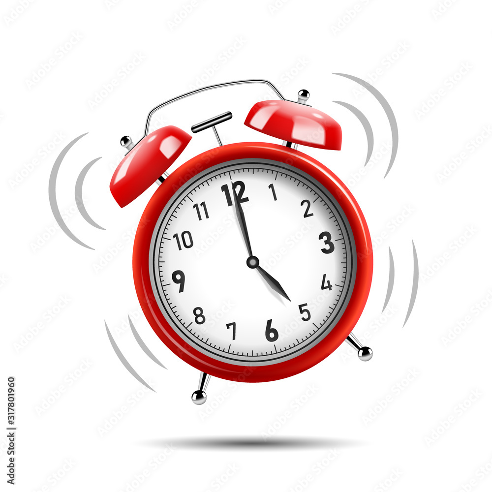 Realistic red alarm clock ringing, isolated on white background. Vector  Illustration Stock Vector | Adobe Stock