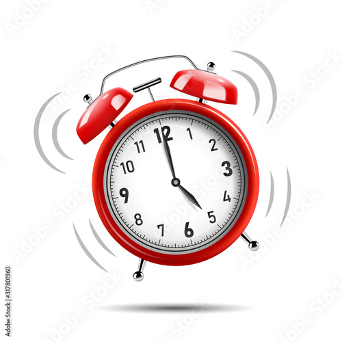 Realistic red alarm clock ringing, isolated on white background. Vector Illustration