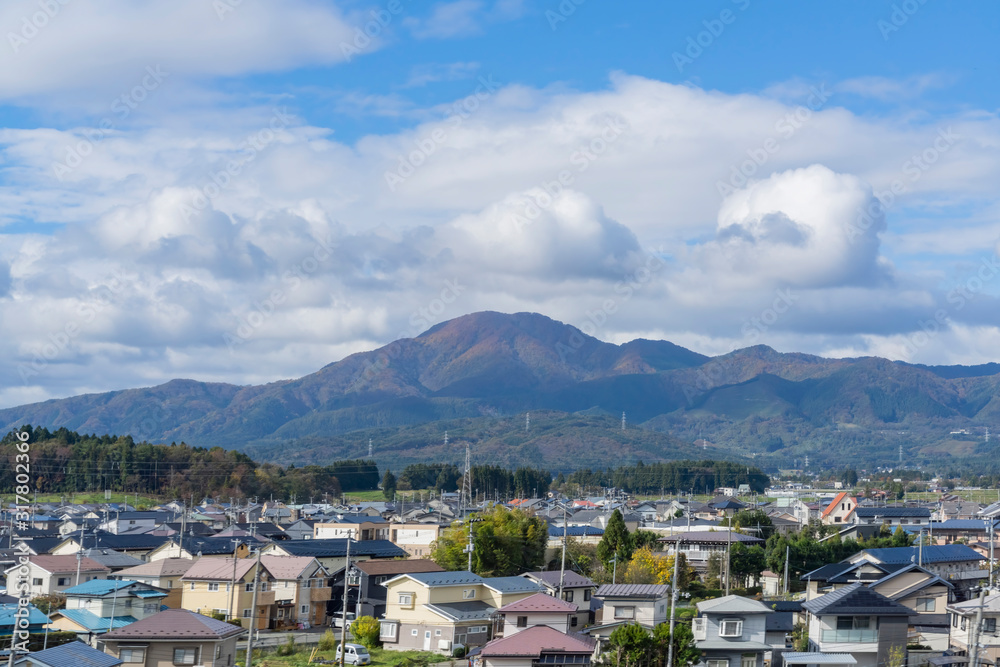 Morning high angle view of the rural cityscape near Sendai