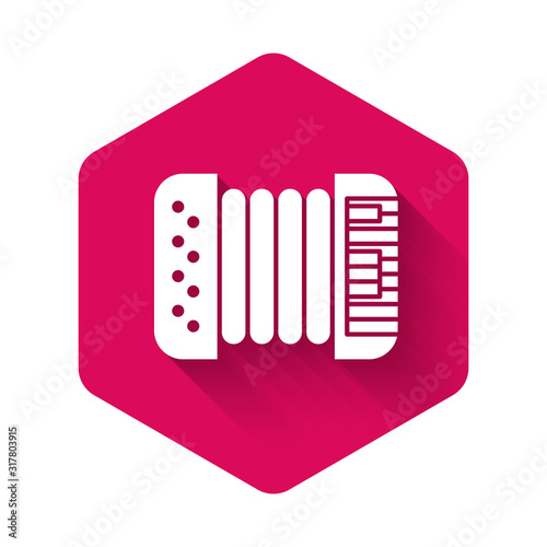 White Musical instrument accordion icon isolated with long shadow. Classical bayan, harmonic. Pink hexagon button. Vector Illustration