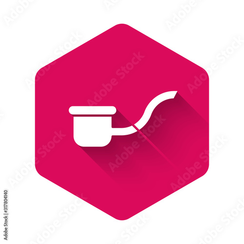 White Smoking pipe with smoke icon isolated with long shadow. Tobacco pipe. Pink hexagon button. Vector Illustration