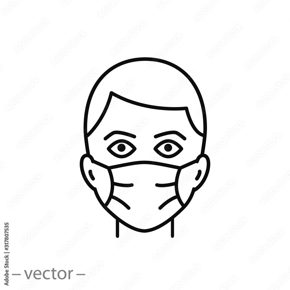 Medical mask icon, protection against flu and viral infections,mask from fine dust, protection from germs, thin line web symbol on white background - editable stroke vector illustration eps10