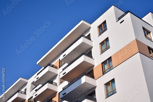 Modern and new apartment building. Multistoried, modern, new and stylish living block of flats.