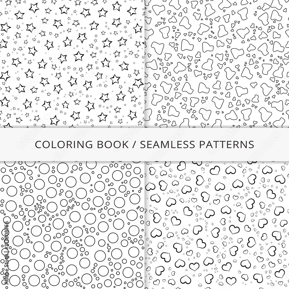 Seamless patterns and coloring book. Vector illustration