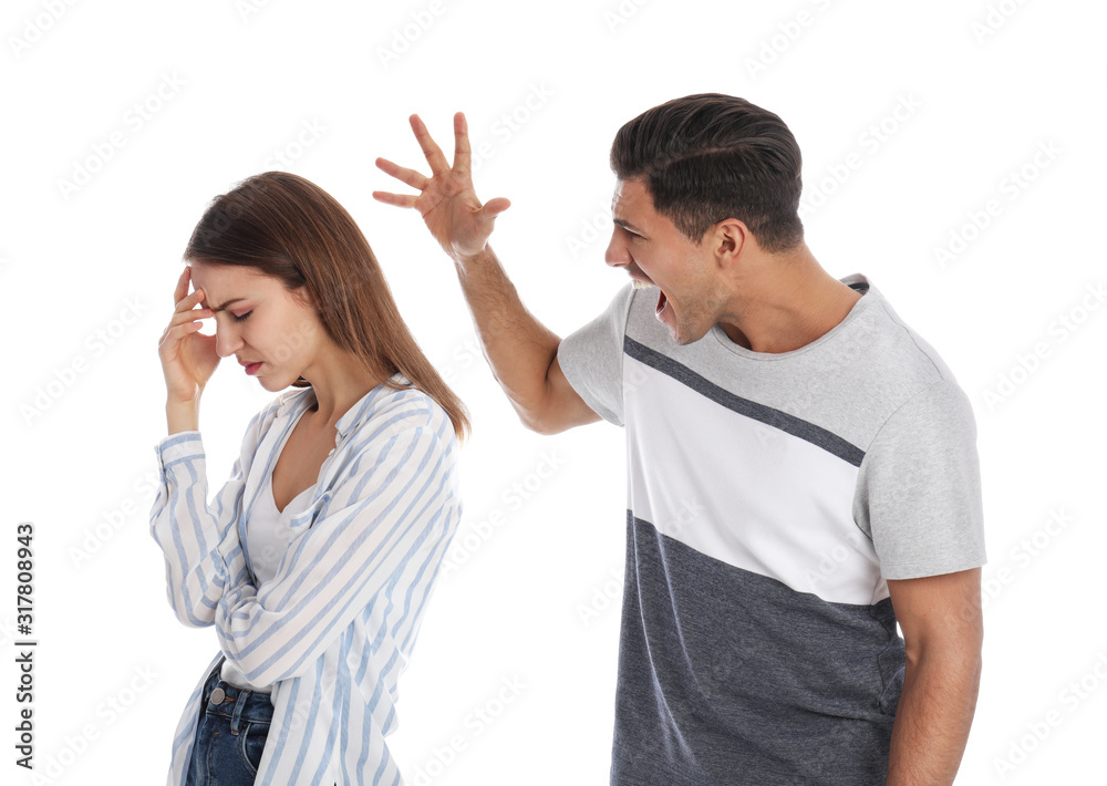 Man shouting at his girlfriend on white background. Relationship problems Man shouting at his girlfriend on white background. Relationship problems