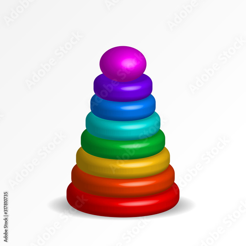 Children realistic 3d plastic toy mock up. Multicolor kid pyramid mockup on white background. Red, orange, yellow, green, blue, purple, pink color ring block build vertical tower. Vector illustration