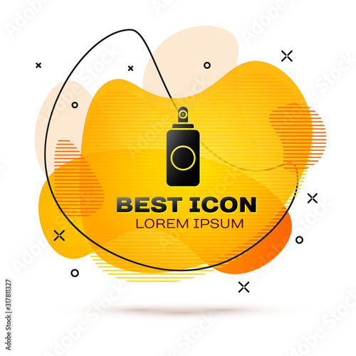 Black Spray can for air freshener, hairspray, deodorant, antiperspirant icon isolated on white background. Abstract banner with liquid shapes. Vector Illustration