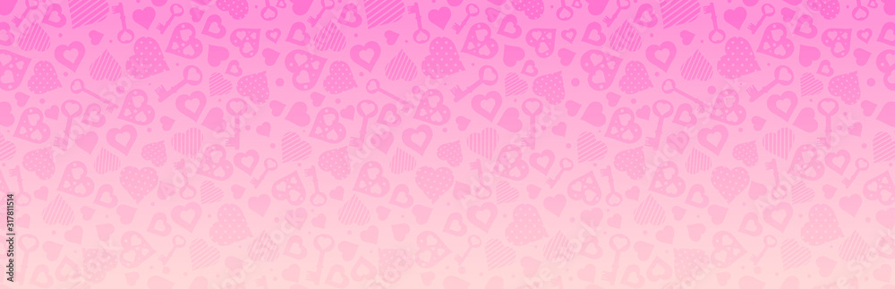 PInk banner with valentines hearts and keys. Valentines greeting banner. Horizontal holiday background, headers, posters, cards, website. Vector illustration