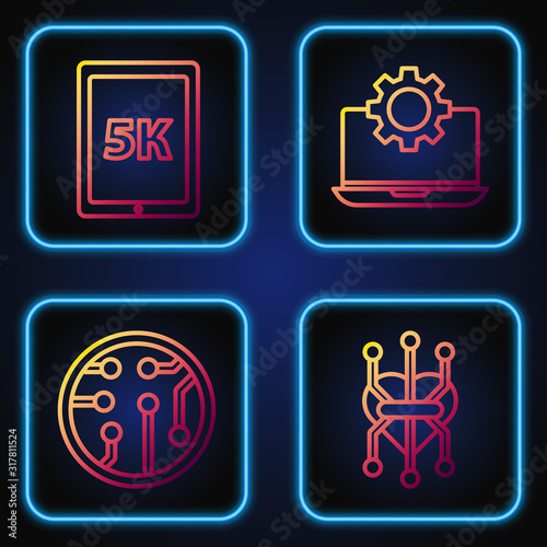 Set line Processor, Processor, Tablet with text 5k and Laptop and gear. Gradient color icons. Vector