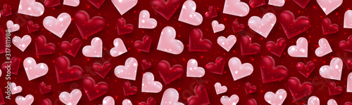 Valentines Day banner or header. Background with 3d pink and red hearts. Love design concept. Vector illustration.