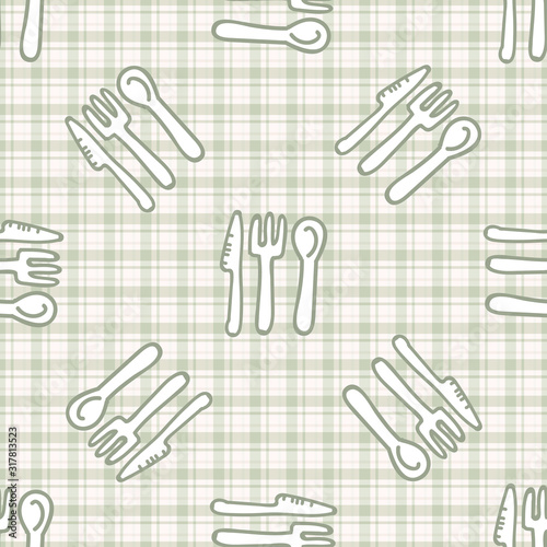 Cute cutlery knife, spoon and fork seamless vecotr pattern. Hand drawn green gingham domestic tableware background. Silverware kitchen utensil home decor. All over print. 