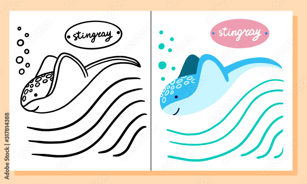 Stingray.Coloring pages. Cartoon cute marine wild animals, sea elements ...
