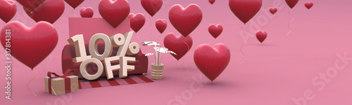 10 ten percent off - Valentines Day Sale horizontal 3D-banner with copy space. photo