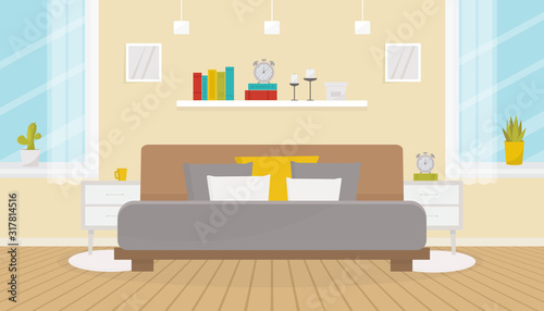 Modern bedroom interior with furniture. Double bed, bedside tables, big windows, wooden floor. Family apartment. Home design. Flat vector illustration.