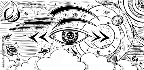 Abstract composition with Eye cosmos planets space galaxies comets stars black holes Milky Way sky clouds meteorites orbits in black white for representation higher powers in doodle style