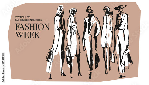 Fashion woman. Fashion illustration sketch. Fashion model posing. Shopping concept. Hand drawn stylish young lady. Woman silhouette. 