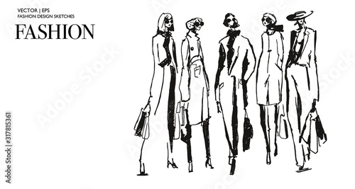 Fashion woman. Fashion illustration sketch. Fashion model posing. Shopping concept. Hand drawn stylish young lady. Woman silhouette. 
