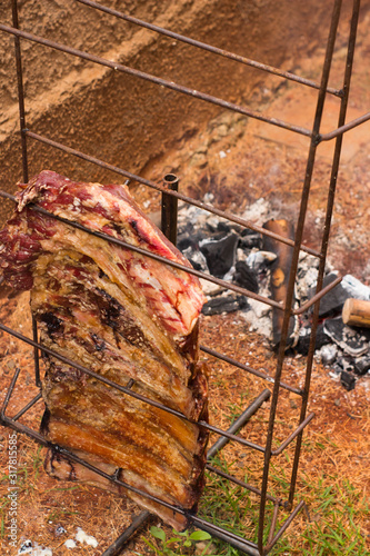 Brazilian barbecue consisting of ground rib, roasted with fruit wood, culinary ingredients, selective focus