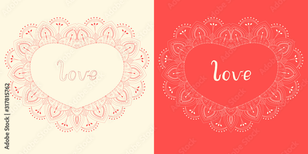 Pink red lace heart with floral motif and hand written lettering word love on red and rose cream background greeting valentine card vector illustration