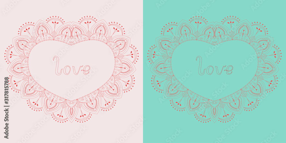 Red lace heart with floral motif and hand written lettering word love on green and rose background greeting valentine card vector illustration Red lace heart with floral motif and hand written lettering word love on green and rose background greeting valentine card vector illustration