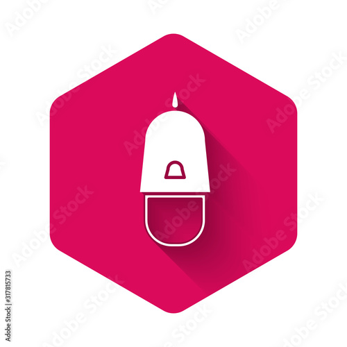 White Police cap with cockade icon isolated with long shadow. Police hat sign. Pink hexagon button. Vector Illustration