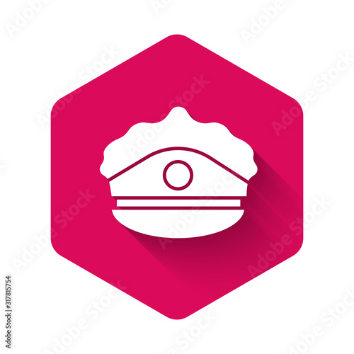 White Police cap with cockade icon isolated with long shadow. Police hat sign. Pink hexagon button. Vector Illustration