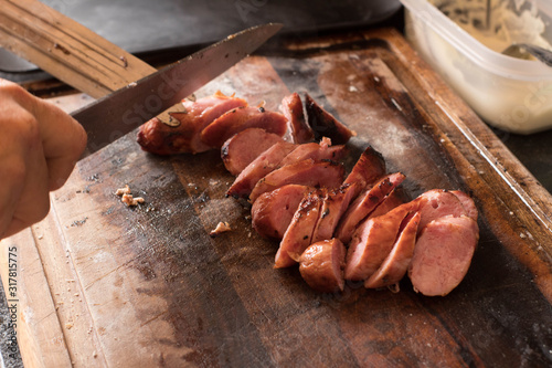 Brazilian barbecue consisting of ground rib, roasted with fruit wood, culinary ingredients, selective focus