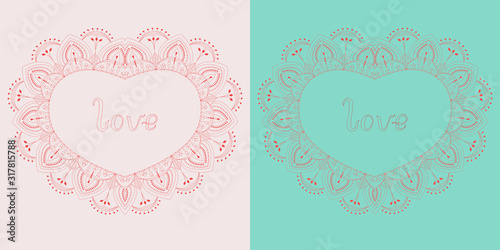 Red lace heart with floral motif and hand written lettering word love on green and rose background greeting valentine card vector illustration