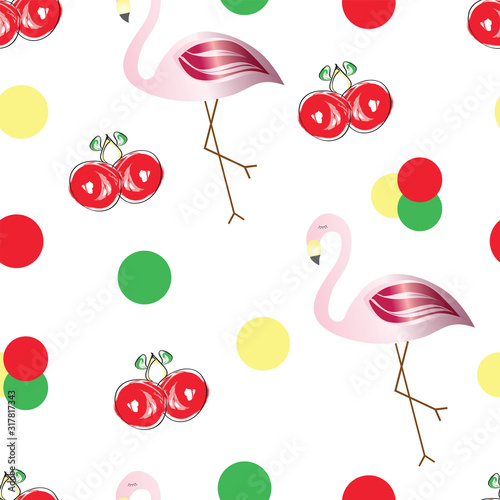 seamless pattern with flamingos and cherries