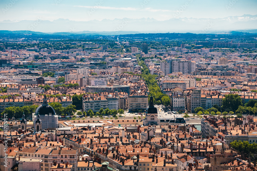 Lyon panorama elevated view on sunny day. Aerial panoramic view of Lyon with the skyline.