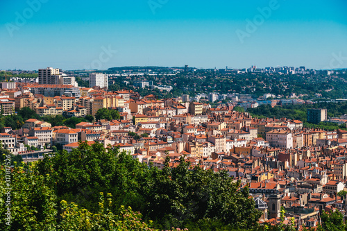 Lyon panorama elevated view on sunny day. Aerial panoramic view of Lyon with the skyline. © Elizaveta