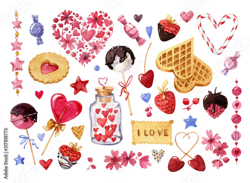 Watercolor set of elements for Valentine's day. Sweets, cakes. wafles, candies and fruits in chocolad, ice cream and flowers.  And many different watercolor hears. 