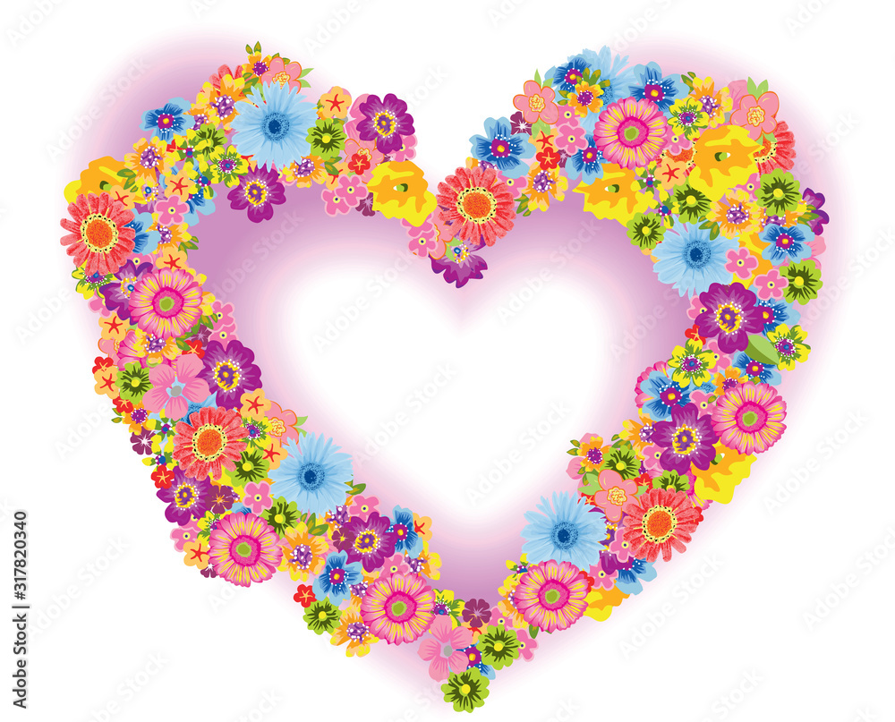 Colorful floral frame in shape of heart