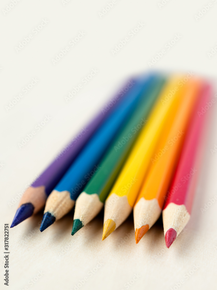Six coloured pencils in colours of LGBTQ LGBT pride flag Six coloured pencils in colours of LGBTQ LGBT pride flag