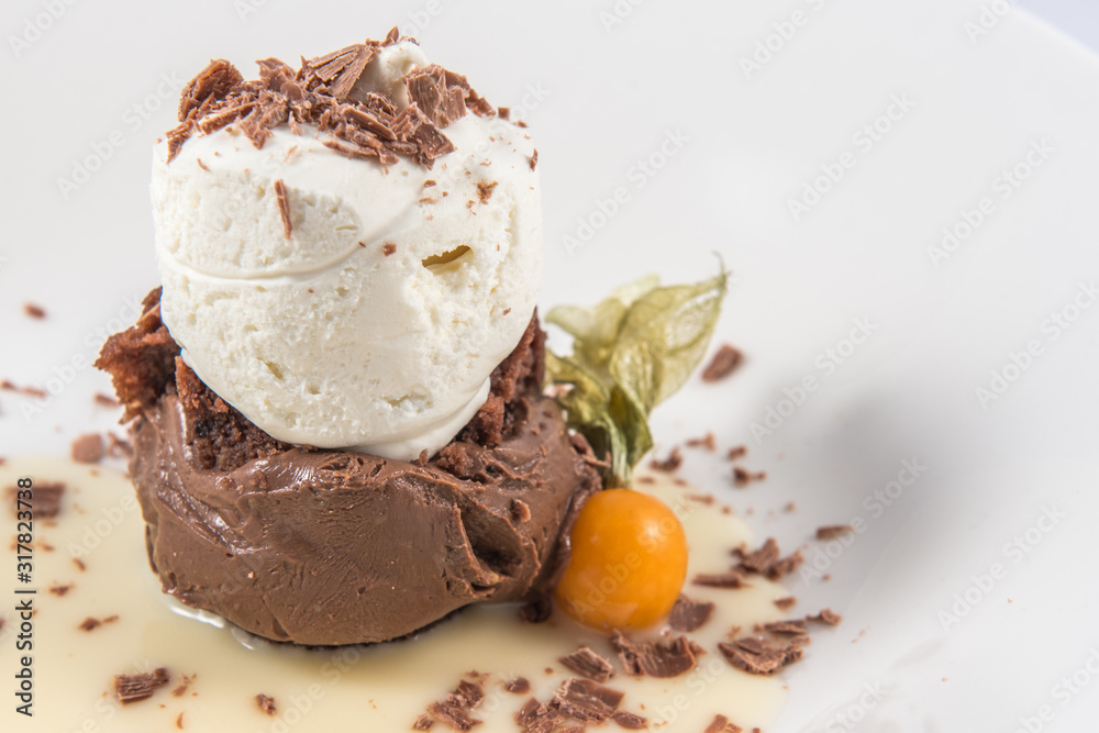 Three Chocolate Delight dessert with mousse and icecream. Three Chocolate Delight dessert with mousse and icecream.