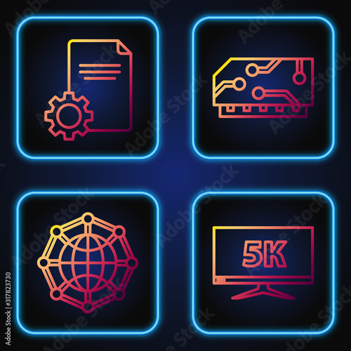 Set line Monitor display with 5k video, Global technology or social network, File document and RAM, random access memory. Gradient color icons. Vector