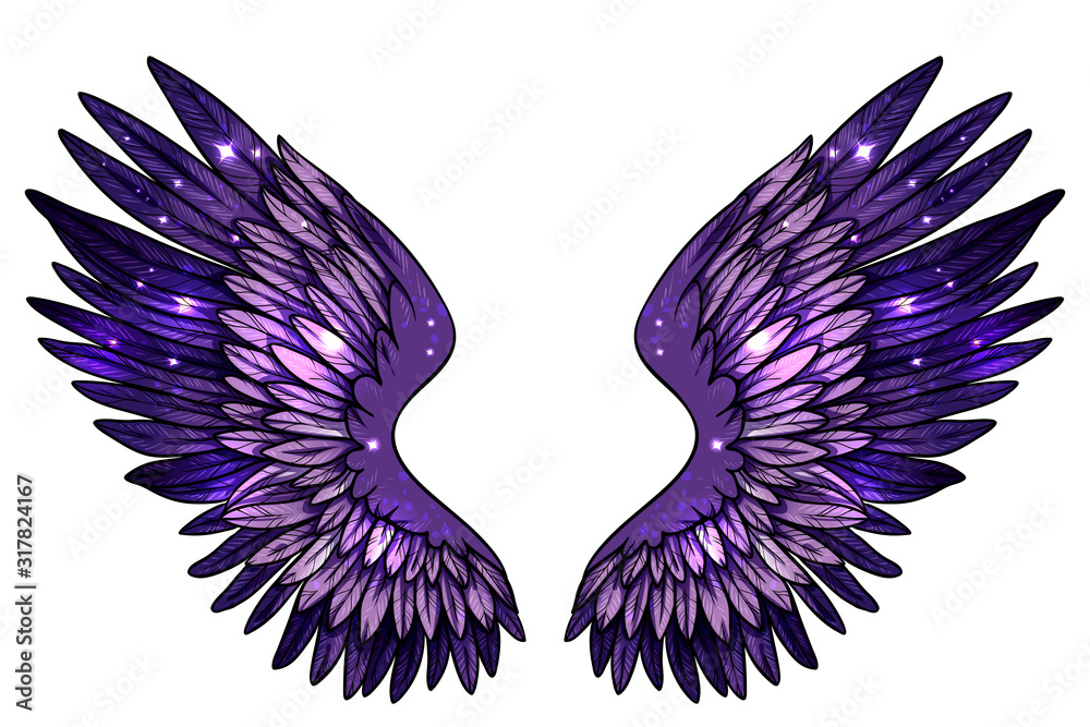 Beautiful magic glittered sparkling angel fantasy violet wings, hand