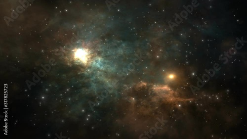 Space flight into the glowing nebula. 3D animation
