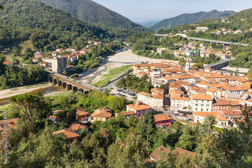 a view over Aulla city and the Magra river, Province of Massa and Carrara, Tuscany, Italy