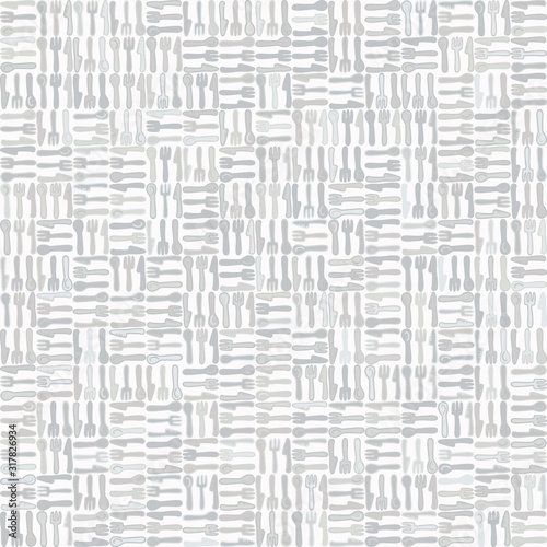 Cute cutlery knife, spoon and fork seamless vecotr pattern. Hand drawn green mosaic domestic tableware background. Silverware kitchen utensil home decor. Monochrome grey line art all over print. 