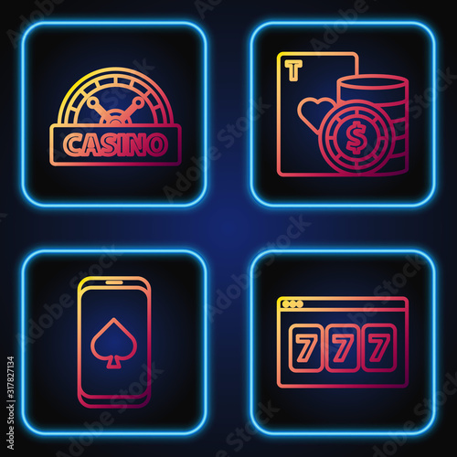 Set line Online slot machine with lucky sevens jackpot, Online poker table game, Casino signboard and Casino chip and playing cards. Gradient color icons. Vector