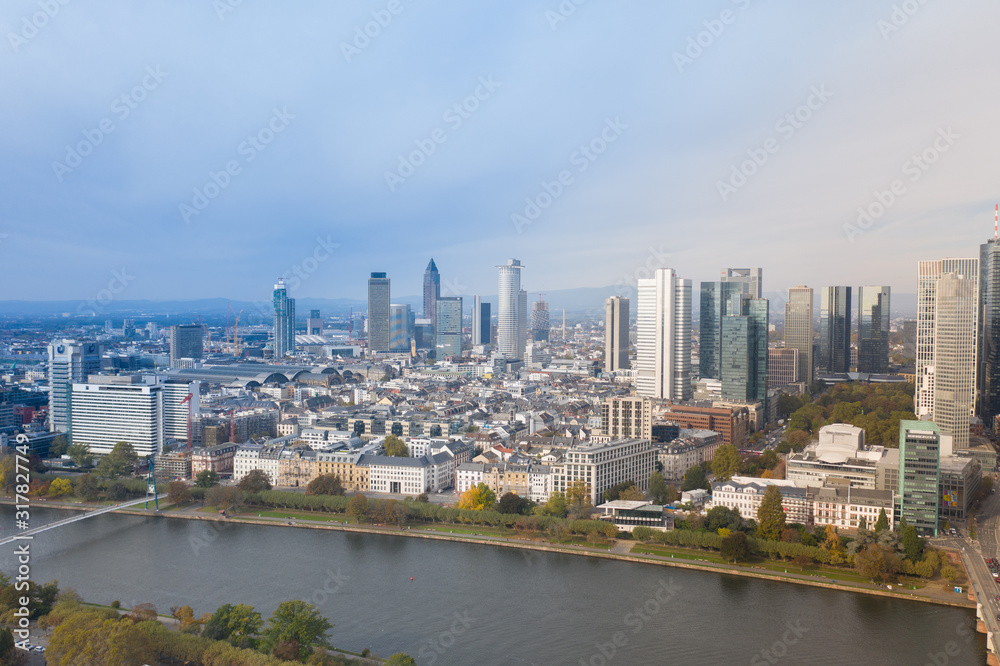 Frankfurt am Main Germany aerial view towards the city from the main river. 10.12.2019 Frankfurt am Main Germany.