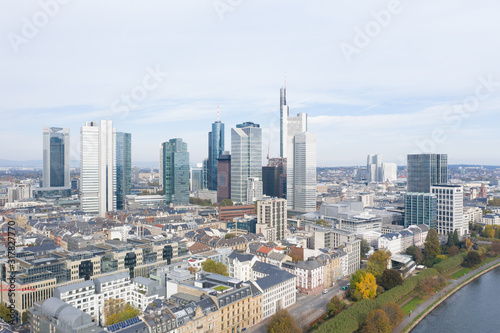 Frankfurt am Main Germany aerial view towards the city from the main river. 10.12.2019 Frankfurt am Main Germany. © Tudorean